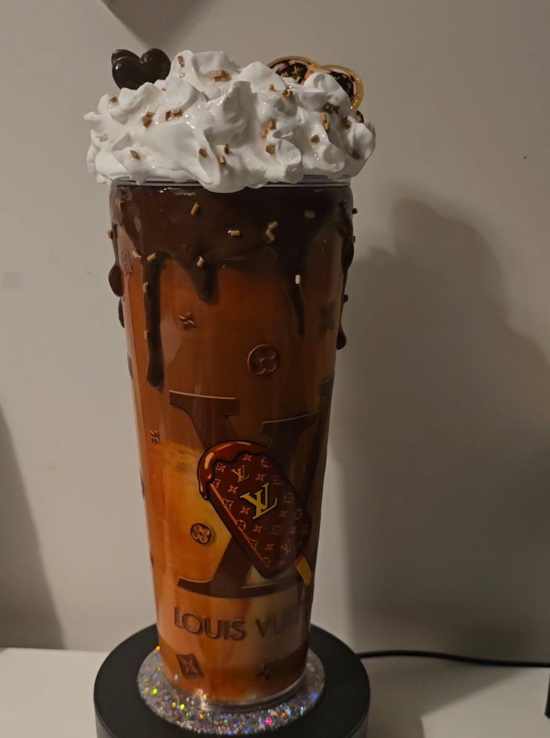 24oz Acrylic Tumbler with faux cream topper and chocolate drizzle with all the trimmings-your choice of decal